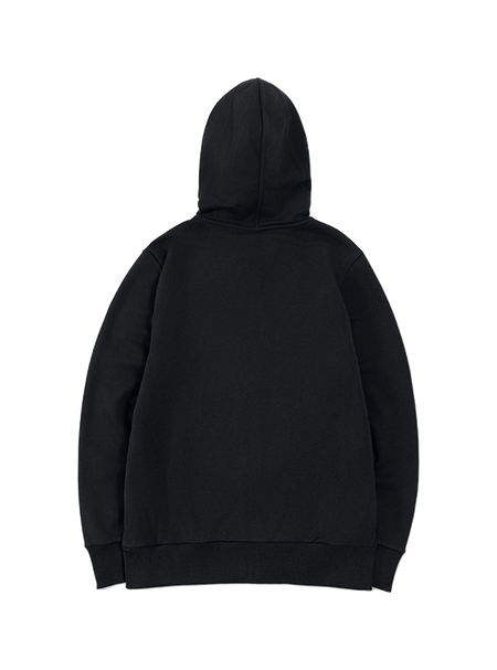 Black back view zip-up hooded sweatshirt with drawstring, no visible front graphics