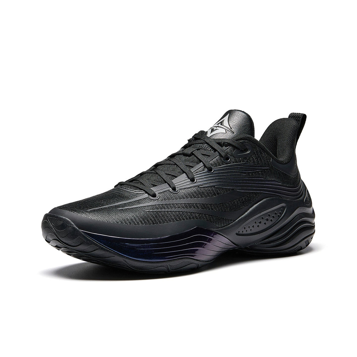 Black and grey basketball shoe, mesh upper with swooping side lines and padded collar