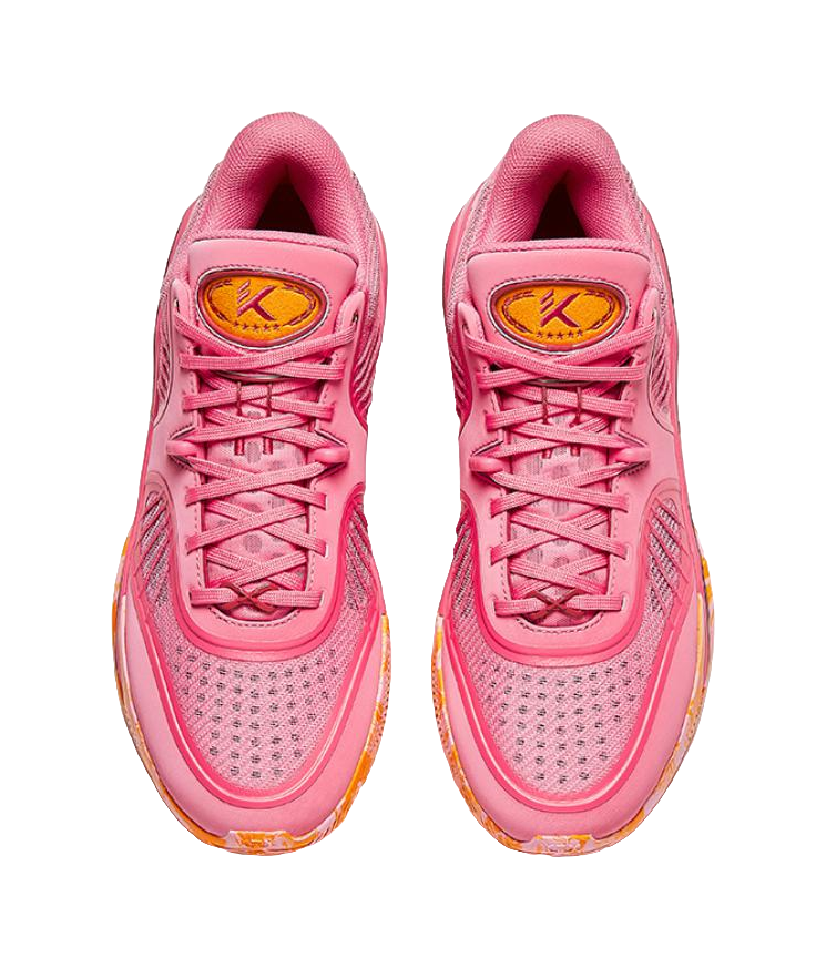 Pink lace-up basketball shoes with perforated uppers and gold logo on heel
