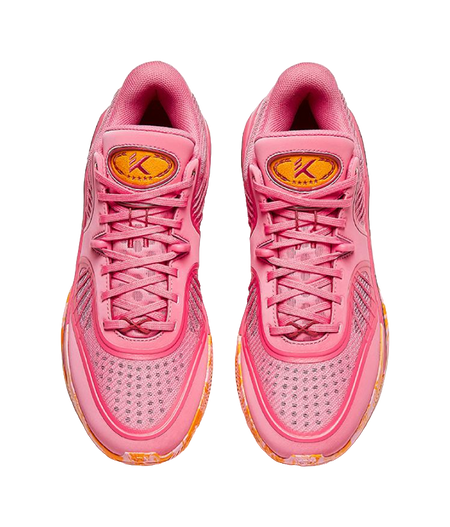 Pink lace-up basketball shoes with perforated uppers and gold logo on heel