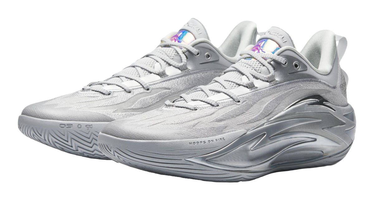 Metallic grey basketball shoe pair, lace-up upper with colorful sockliner detail