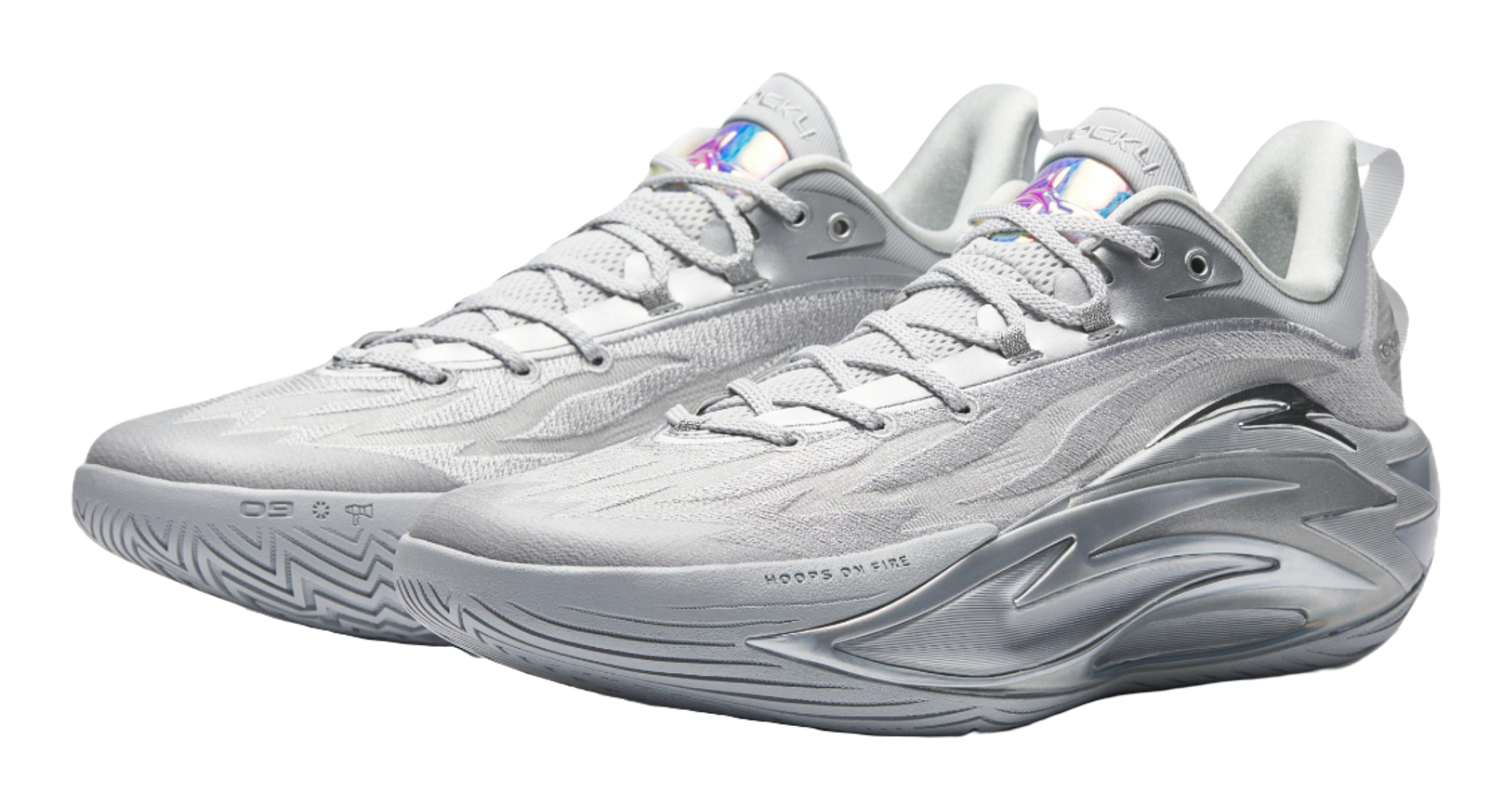 Metallic grey basketball shoe pair, lace-up upper with colorful sockliner detail