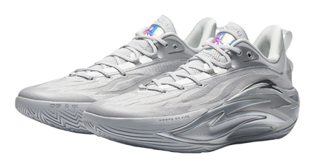 Metallic grey basketball shoe pair, lace-up upper with colorful sockliner detail