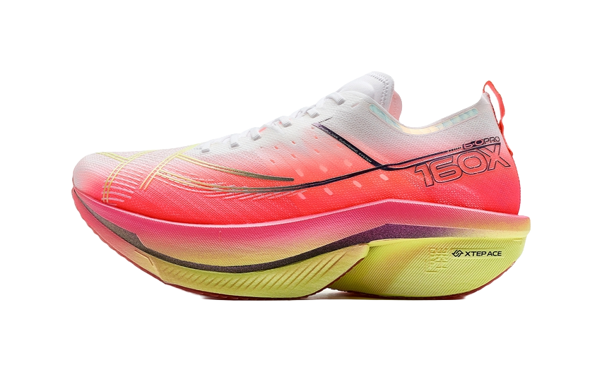 Men's low-top running shoes in pink gradient with white knit upper and laces