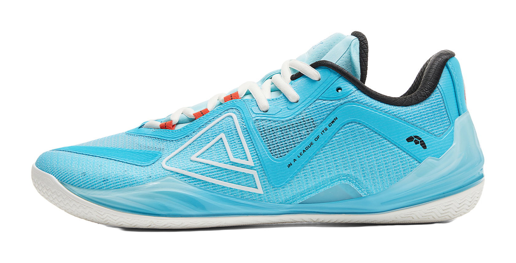 Blue low-top basketball shoe with black collar, white laces, and white midsole