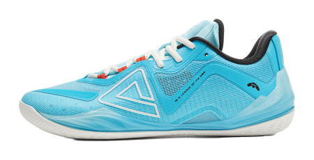 Blue low-top basketball shoe with black collar, white laces, and white midsole
