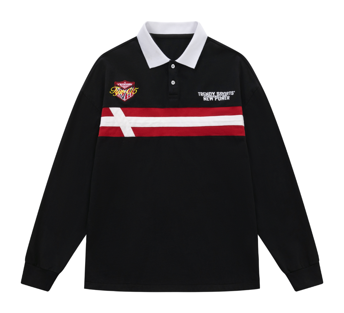 VEIDOORN American Retro Academy Trendy Stripe Splicing Loose Casual Sports Collar Long Sleeve Polo Sweater Cotton T-shirt Unisex  vjsneaker.com