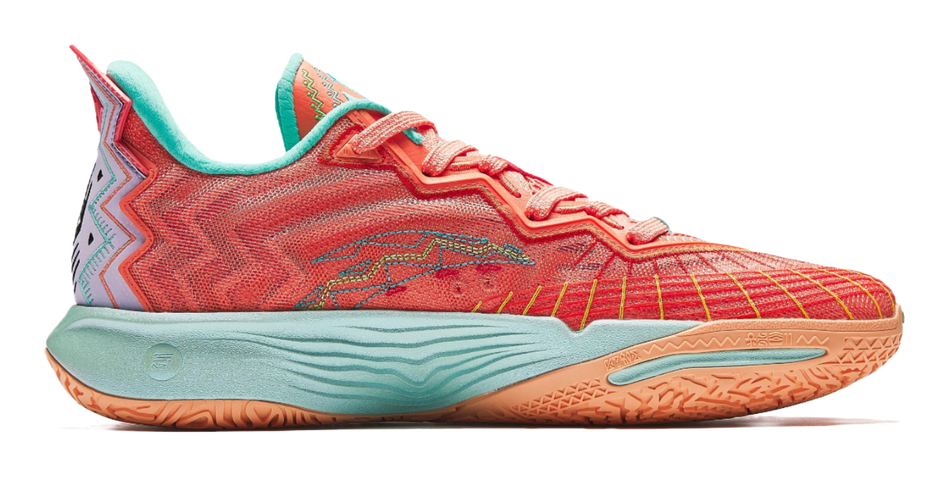 Orange basketball shoe profile with teal outsole and multicolor upper graphics