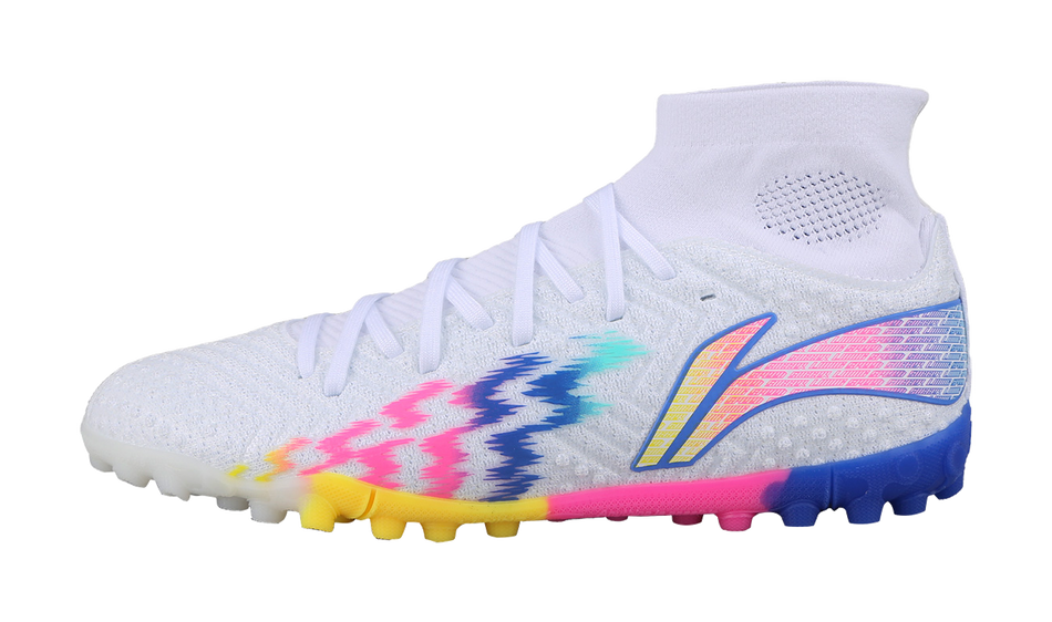 White hi-top soccer cleat with blue/pink graphic side and studded sole