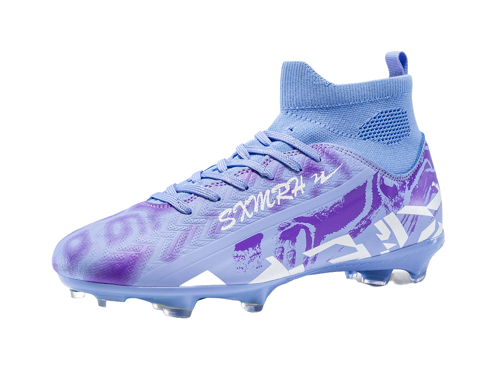 Unisex FG soccer cleat in light purple and blue, textured upper with side graphics