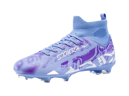 Unisex FG soccer cleat in light purple and blue, textured upper with side graphics