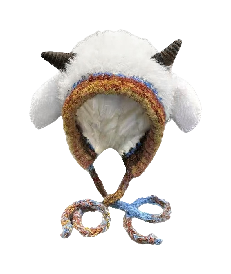 [Little Sheep Horn] IOTS will squeak when pinching the ears! Warm autumn and winter, soft and cute rainbow, dopamine cooling and windproof drawstring, double-layer cute and warm cartoon, niche polyester fiber woolen hat, unisex, couple style  vjsneaker.com