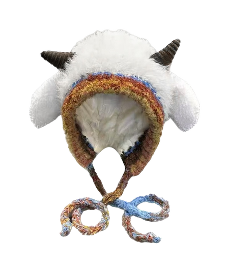 [Little Sheep Horn] IOTS will squeak when pinching the ears! Warm autumn and winter, soft and cute rainbow, dopamine cooling and windproof drawstring, double-layer cute and warm cartoon, niche polyester fiber woolen hat, unisex, couple style  vjsneaker.com