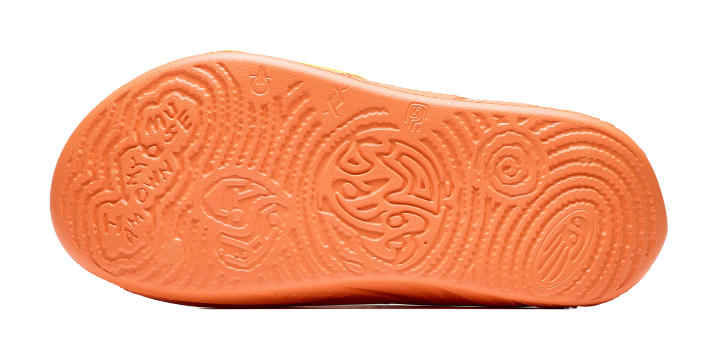 Orange slide slipper outsole with deep tread pattern and embossed logo text