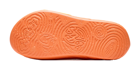Orange slide slipper outsole with deep tread pattern and embossed logo text