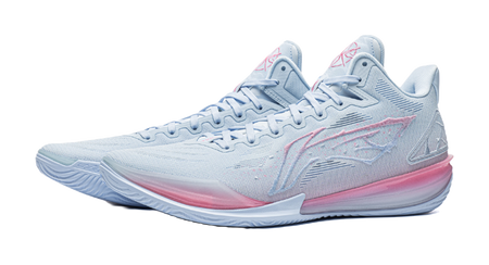Pair of men's low-top basketball shoes, light blue with pink outsole and details