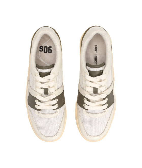 Ecru low-top sneakers showing S06 printed insoles and lace-up uppers
