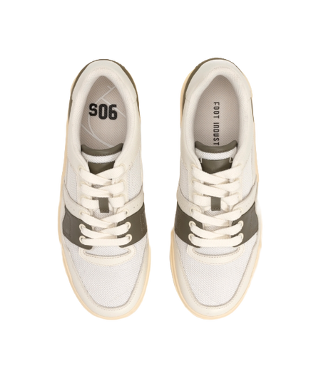 Ecru low-top sneakers showing S06 printed insoles and lace-up uppers