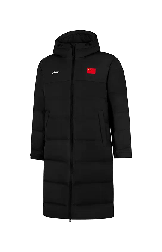 Li-Ning black hooded down coat, zip-front with chest logo patch