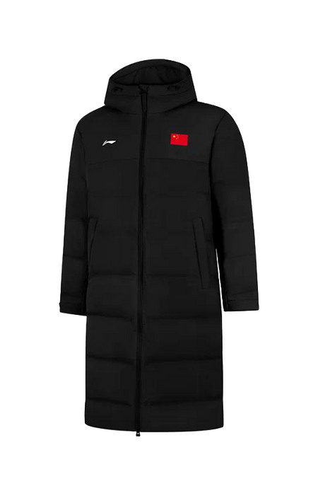 Li-Ning black hooded down coat, zip-front with chest logo patch