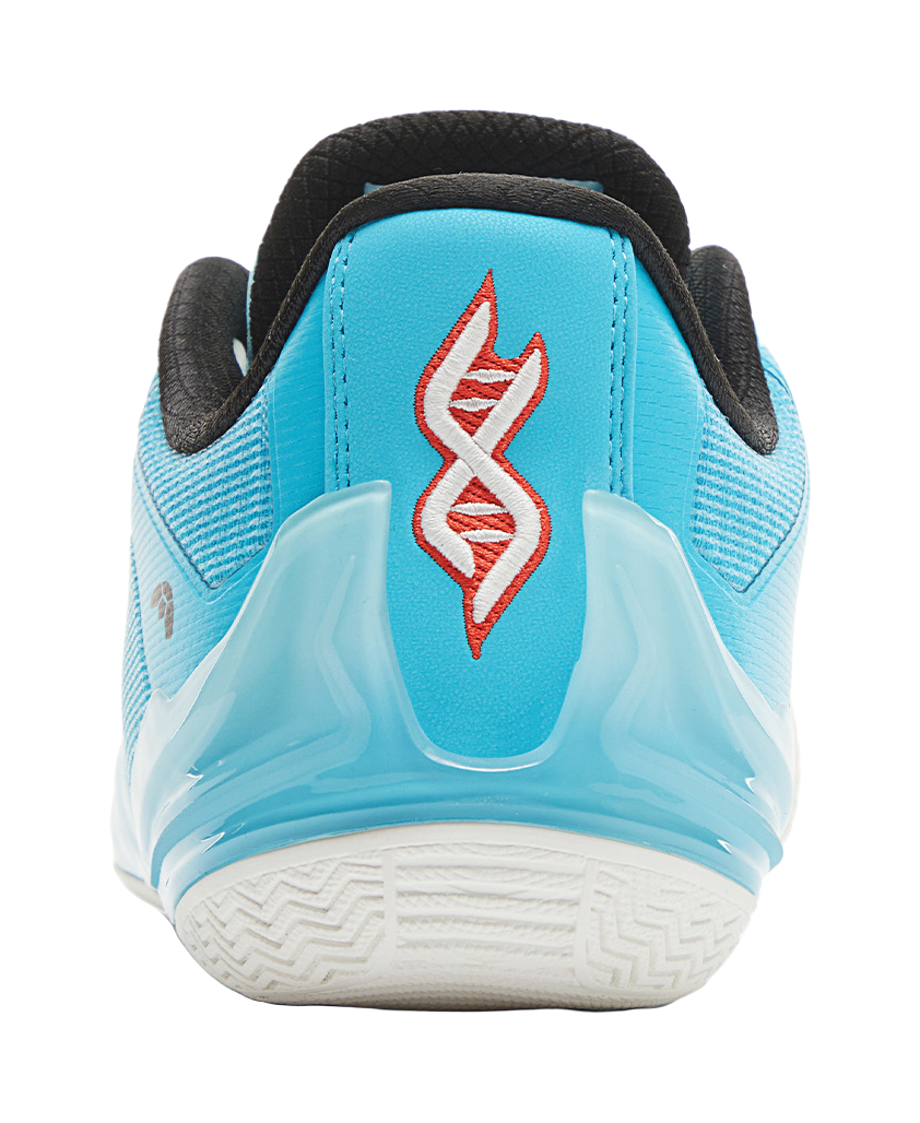 Blue heel of basketball shoe with black padding, and red logo on the back
