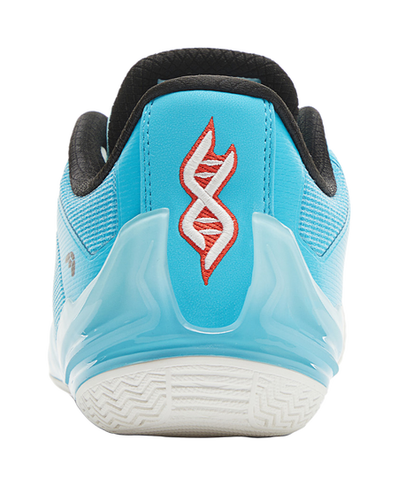 Blue heel of basketball shoe with black padding, and red logo on the back