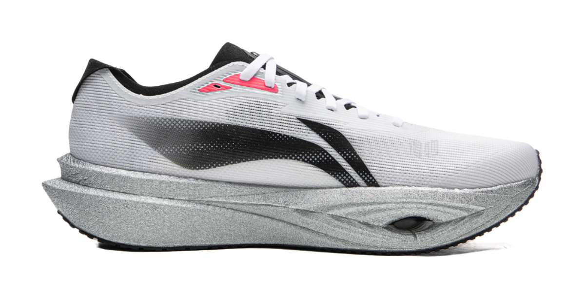 Li-Ning racing running shoe, side profile with black stripe, red heel detail, gray sole