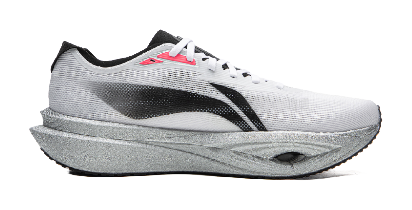 Li-Ning racing running shoe, side profile with black stripe, red heel detail, gray sole