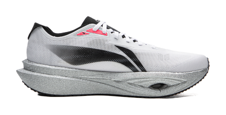 Li-Ning racing running shoe, side profile with black stripe, red heel detail, gray sole