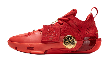 Red mid-top basketball shoes with lace-up front and cushioned sole.