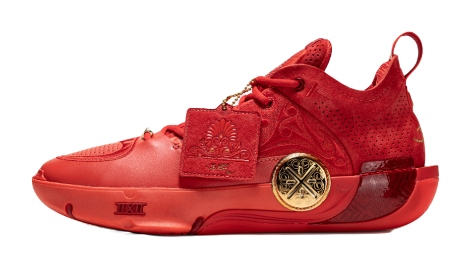 Red mid-top basketball shoes with lace-up front and cushioned sole.