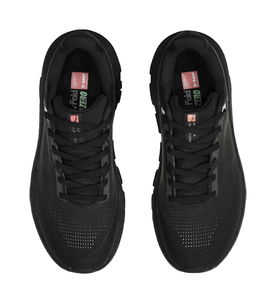 Men's black running shoes, top view of lace-up design with cushioned tongue label.