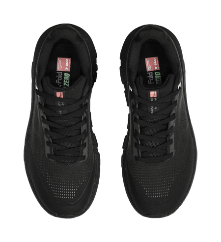 Men's black running shoes, top view of lace-up design with cushioned tongue label.