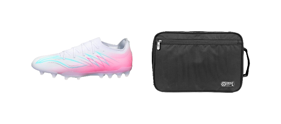 Youth soccer shoe with white-and-pink upper and black zip storage pouch