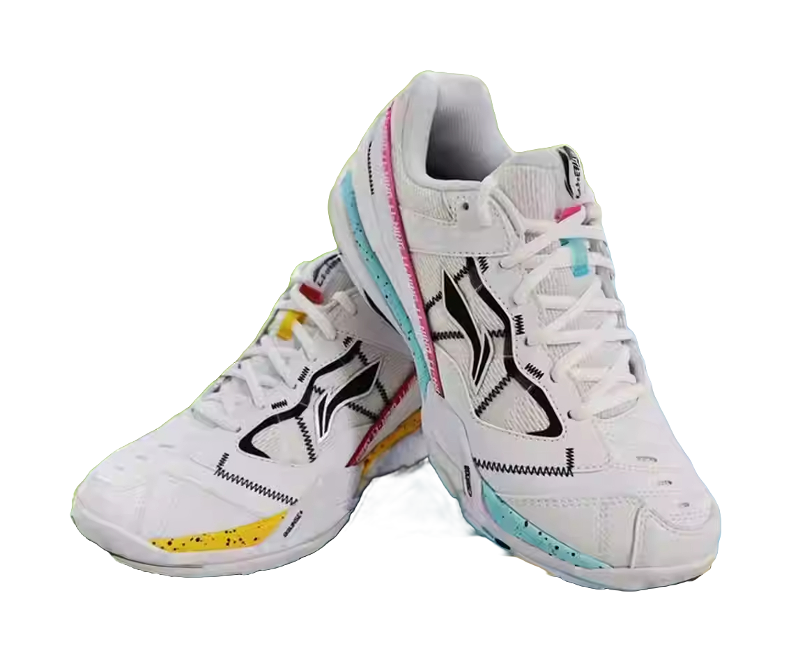 Men's white badminton shoes with black side wings, teal trim, and pink stripe