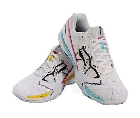 Men's white badminton shoes with black side wings, teal trim, and pink stripe