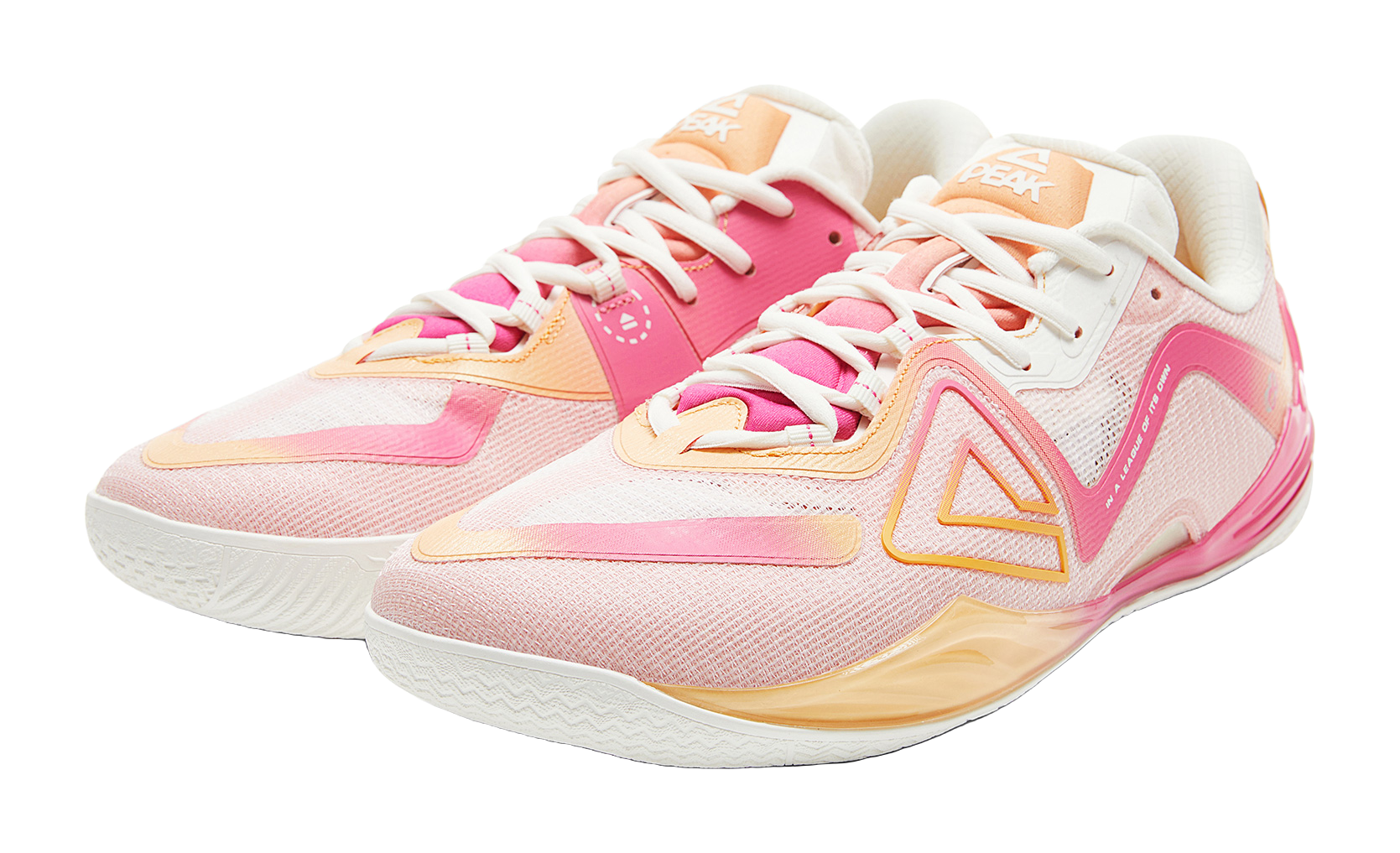Pair of pink basketball shoes with white laces, orange highlights, low-profile sole