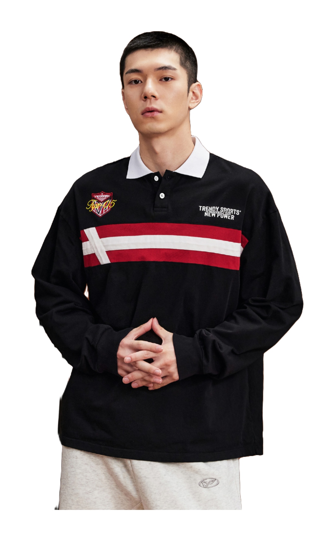 VEIDOORN American Retro Academy Trendy Stripe Splicing Loose Casual Sports Collar Long Sleeve Polo Sweater Cotton T-shirt Unisex  vjsneaker.com