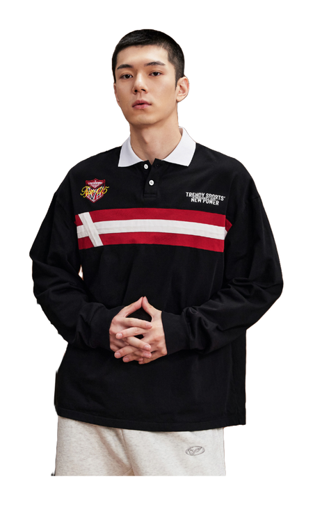 VEIDOORN American Retro Academy Trendy Stripe Splicing Loose Casual Sports Collar Long Sleeve Polo Sweater Cotton T-shirt Unisex  vjsneaker.com