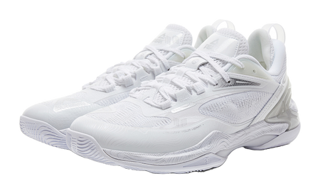 Pair of white and silver lace-up basketball shoes with breathable mesh upper and sculpted sole