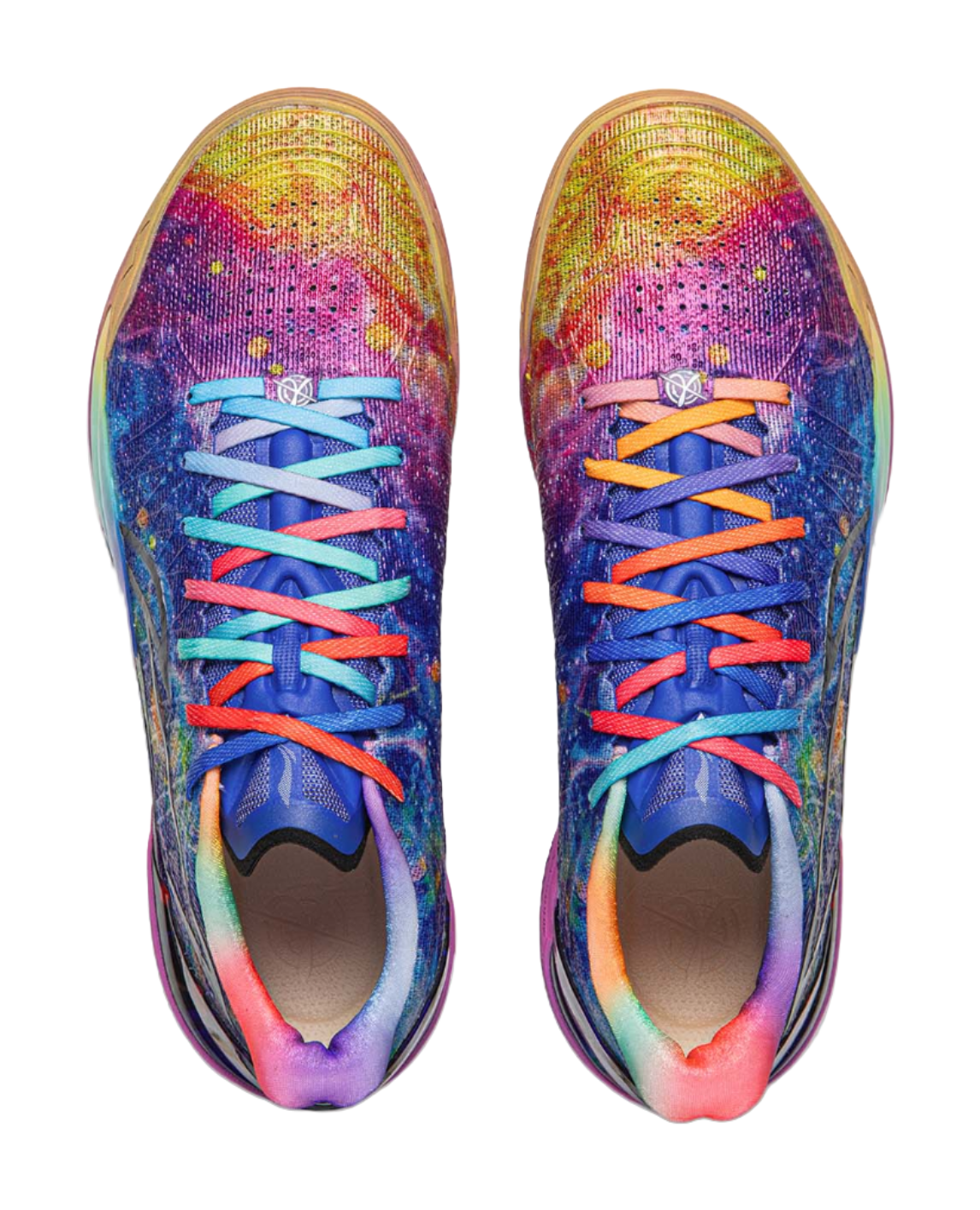 Basketball shoe toe and lace detail, multicolor knit upper with blue laces