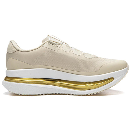 Khaki men’s running sneaker with gold plate midsole and white outsole, side view
