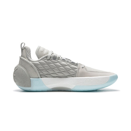 Men's grey basketball shoe side view with quilted upper and light blue outsole