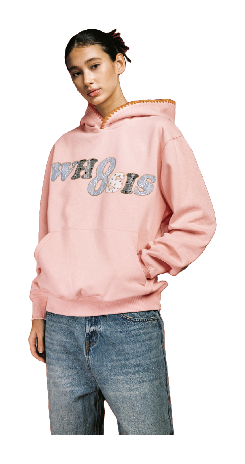 WHOOSIS floral denim patchwork embroidery casual loose and versatile campus autumn and winter comfortable hoodie with fleece hoodie for both men and women  vjsneaker.com