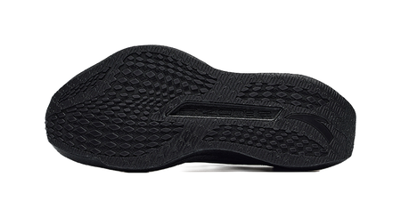 Men's black running shoe outsole with textured traction pattern and molded heel pad