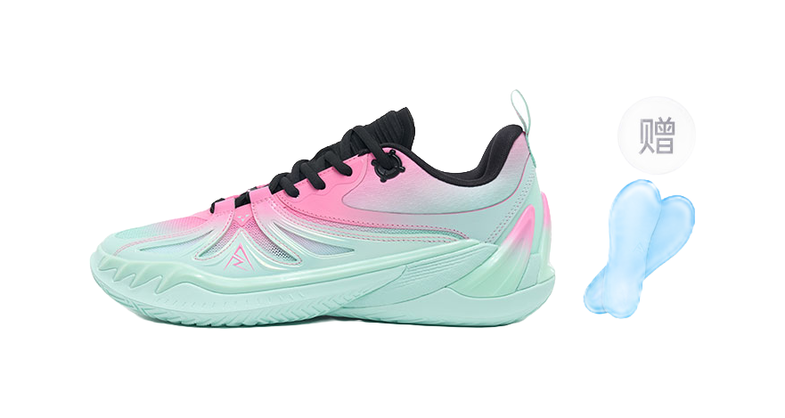 Low-cut basketball shoes in rose pink and mint with black laces plus blue insole