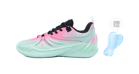 Low-cut basketball shoes in rose pink and mint with black laces plus blue insole
