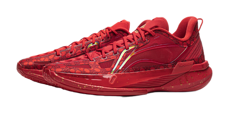 Unisex low basketball shoe, red upper with stripe trim and lace-up front