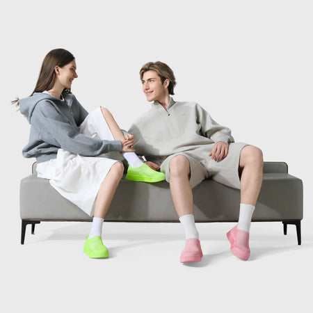 Neon green and pink 3D-printed casual sneakers with mesh slip-on uppers