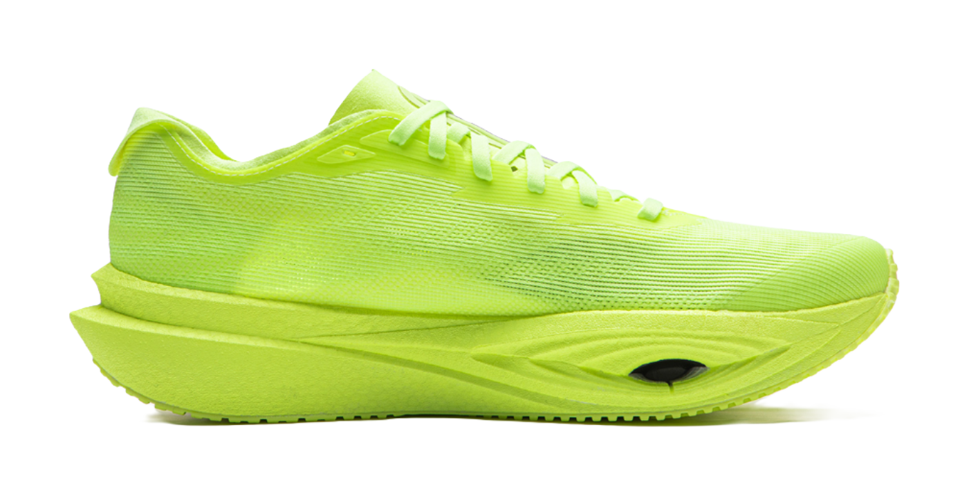 Neon yellow green low-top running shoes, side view, lace-up with thick midsole